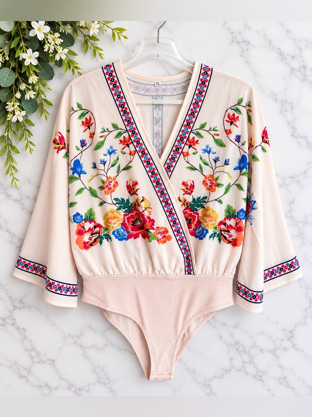 Floral Wrap Bodysuit XL Kimono Sleeve Boho Blush Multicolor